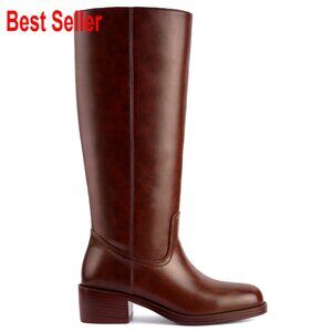 Knee High Boots with Faux Leather Square Toe Chunky Heel Pull On